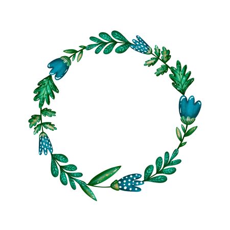 Floral circle wreath. Isolated flowers frame border. Cute botany illustration. Blue fantasy flowers. Green leaves. Romantic plants. Summer garden herbs. Round vintage wedding wreath. Invitation card.の写真素材