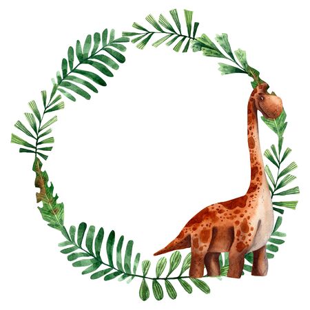 Hand drawn watercolor floral frame. Cute green dinosaur. Children invitation card. Circle botanical border. Prehistoric plants and dinosaur. Jurassic monster. Funny prehistoric brachiosaurus.の写真素材