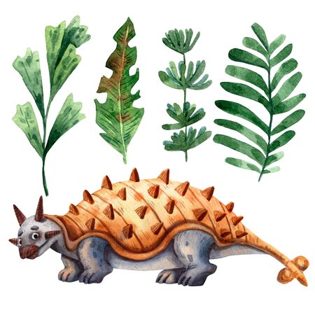 Hand drawn watercolor dinosaur character. Cartoon dino. Prehistoric ankylosaurus. Jurassic herbivorous monster. Funny prehistoric reptile character. Greeting invitation children card. Green leaves.の写真素材
