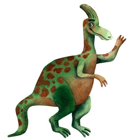 Hand drawn watercolor dinosaur character. Children invitation card. Prehistoric hadrosaurus. Jurassic herbivorous monster. Funny prehistoric reptile character. Greeting invitation children card.の写真素材