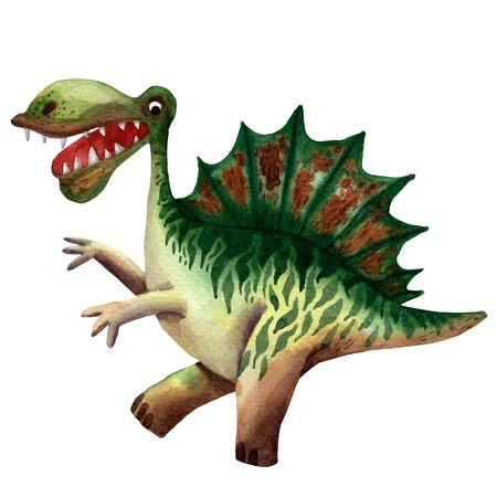 Hand drawn watercolor dinosaur character. Children invitation card. Prehistoric spinosaurus. Jurassic monster. Funny prehistoric reptile character. Greeting invitation children card. Paleontology pic.の写真素材