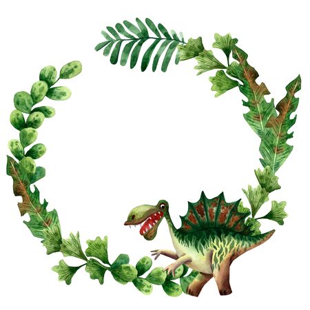 Hand drawn watercolor floral frame. Cute green dinosaur. Children invitation card. Circle botanical border. Prehistoric plants and spinosaurus. Jurassic monster. Funny prehistoric reptile character.の写真素材