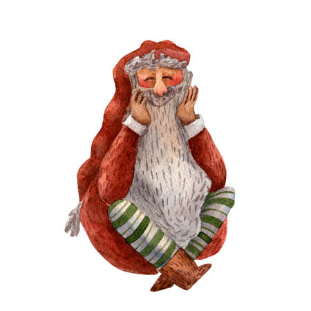 Watercolor hand drawn Christmas card. Cute sitting Santa Claus. Happy new year illustration. Christmas fun costume character. Holiday traditional items. Season picture. Red hat. Stripes socks.の写真素材