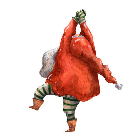 Watercolor hand drawn Christmas card. Cute standing Santa Claus. Happy new year illustration. Christmas fun costume character. Holiday traditional items. Season picture. Red hat. Dancing character.の写真素材