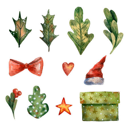 Watercolor hand drawn christmas set. Cute winter bouquet. New year floral composition. Red hat and gift. Misletoe, berry and holly leaves. Chrismas decoration illustration. Green leaves, star and box.の写真素材