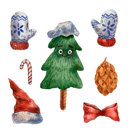 Watercolor hand drawn christmas set. Cute mittens. Happy new year composition. Red hat and christmas tree. Candy cone, red hat and bow. Chrismas decor illustration. Green spruce and lolly pop.の写真素材