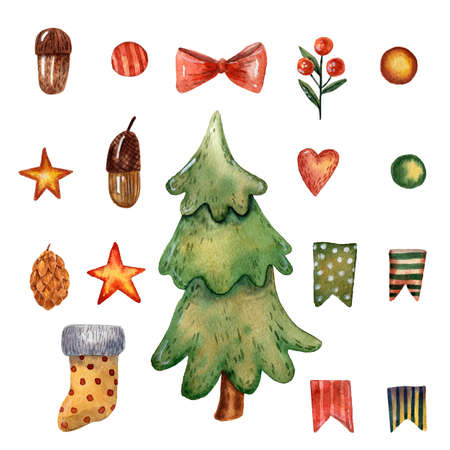 Watercolor hand drawn christmas set. Cute christmas tree. New year floral composition. Red bow, acorn, stars and flags. Chrismas decoration illustration. Green leaves and sock. Eve decor. Hand drawn.の写真素材