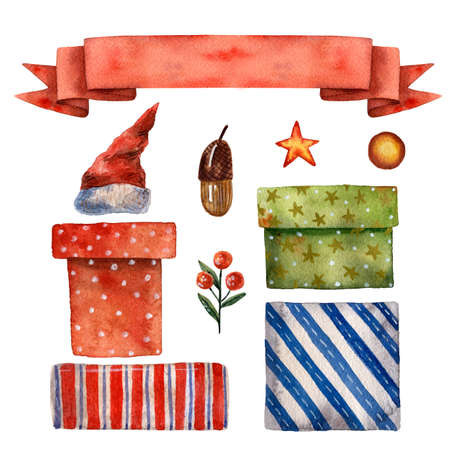 Watercolor hand drawn christmas set. Cute winter items. New year composition. Red Santa hat. Star, acorn, berry, a lot of gifts. Chrismas decoration illustration. Green and red box. Red ribbon banner.の写真素材