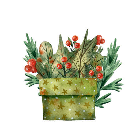 Watercolor christmas illustration. Green gift box. Happy new year. Mistletoe and holly bouquet. Red bow. Golden stars. Celebration design. Merry christmas box. Winter decor. Hand drawn cartoon style.の写真素材