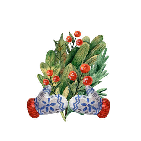 Watercolor hand drawn christmas illustration.Cute mittens. Happy new year floral composition. Green bouquet. Misletoe, berry and holly leaves. Chrismas tree decoration. Green leaves and red berries.の写真素材