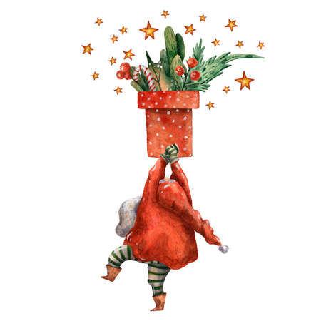Watercolor hand drawn Christmas card. Cute standing Santa Claus. Happy new year illustration. Christmas fun costume character. Holiday traditional items. Season picture. Red hat. Dancing character.の写真素材
