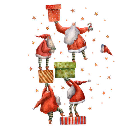 Cute watercolor christmas card. Santa Claus with gifts. Funny acrobats. Red hats. Traditional happy new year decoration. Hand drawn illustration. Festive greeting. December eve. A lot of presents.の写真素材