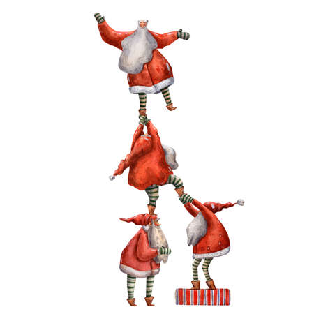 Cute watercolor christmas card. Santa Claus with gifts. Funny acrobats. Red hats. Traditional happy new year decoration. Hand drawn illustration. Festive greeting. December eve. A lot of presents.の写真素材