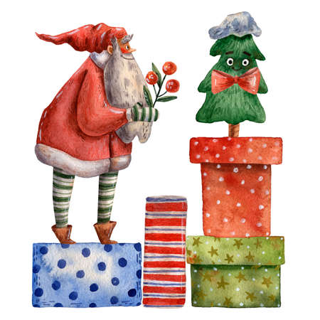 Cute watercolor christmas card. Santa Claus with gifts. Funny character. Red hats. Traditional happy new year decoration. Hand drawn illustration. Christmas tree. December eve. A lot of presents.の写真素材