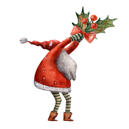 Cute fairy tale Santa Claus. Watercolor happy new year illustration. Big beard red hat. Magic items. Hand drawn cartoon illustration. Holly and mistletoe bouquet. Holiday greeting card. Stripes socks.の写真素材