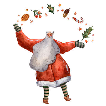 Cute fairy tale Santa Claus. Watercolor happy new year illustration. Big beard. Magic items. Hand drawn cartoon illustration. Sweets, stars, acorns, holly and mistletoe plants. Holiday greeting card.の写真素材