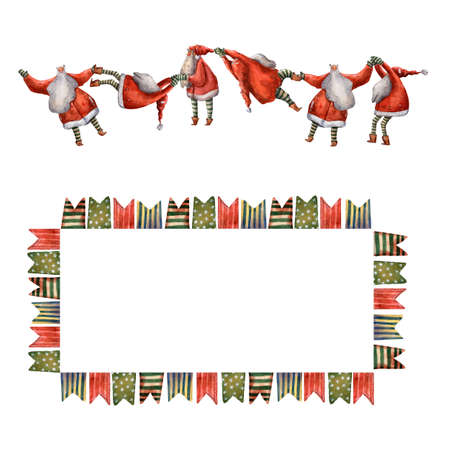 Watercolor christmas frame. Cute hand drawn style of illustration. Flags garland border. Funny Santa Claus. Red hat. Carnival flags. Cute invitation border. Merry christmas celebration. Winter decor.の写真素材