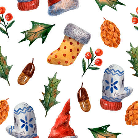Watercolor seamless christmas pattern. Cute repeating texture. Happy new year ornament. Hand drawn cartoon style of illustration. Red textile party ornament. Winter festive element. December decor.の写真素材