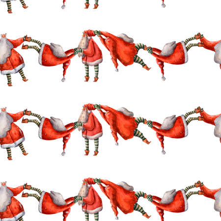 Watercolor christmas red pattern. Cute Santa Claus. Seamless texture. Hand drawn cartoon style. Red Claus garland. Fantasy decorative repeat design. Funny print wallpaper. Winter new year decoration.の写真素材