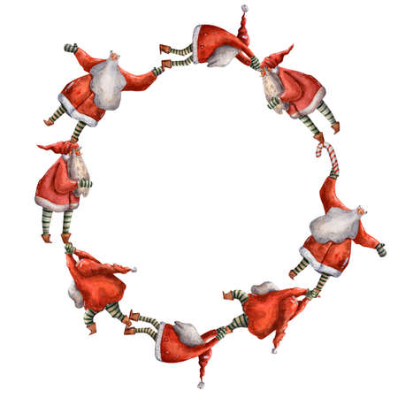 Watercolor hand drawn Christmas frame. Cute Santa Claus. Round border. Happy new year illustration. Christmas fun costume character. Holiday traditional wreath. Season picture. Red hat. Circle banner.の写真素材