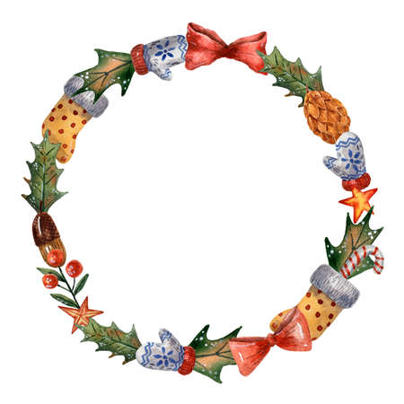 Watercolor hand drawn christmas wreath. Cute happy new year decoration. Circle frame. Seasonal round border. Cute garland, sock, bow. Holly, berry, mistletoe and acorn decor. New year invitation card.の写真素材