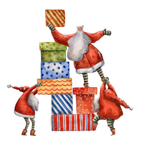 Cute watercolor christmas card. Santa Claus with gifts. Funny acrobats. Red hats. Traditional happy new year decoration. Hand drawn illustration. Festive greeting. December eve. A lot of presents.の写真素材