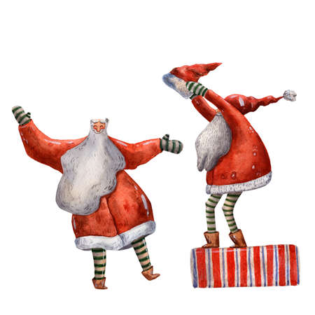 Cute watercolor christmas card. Cute Santa Claus with gifts. Funny character. Red hats. Traditional happy new year decoration. Hand drawn illustration. Christmas eve. Big beard. A lot of presents.の写真素材
