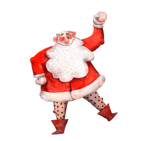 Watercolor illustration of cute Santa Claus. Funny hand drawn character. Christmas illustration. Standing character. Traditional cartoon Santa. Isolated decorative illustration for prints and cards.の写真素材