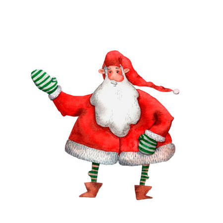Watercolor illustration of cute Santa Claus. Funny hand drawn character. Christmas illustration. Standing character. Traditional cartoon Santa. Isolated decorative illustration for prints and cards.の写真素材