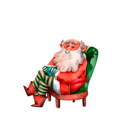 Watercolor illustration of cute Santa Claus. Funny hand drawn character. Christmas illustration. Sitting character. Traditional cartoon Santa. Isolated decorative illustration for prints and cards.の写真素材