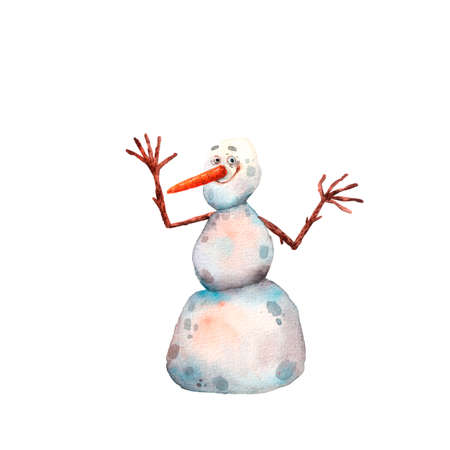Watercolor christmass card. Cute snowman. Cute hand drawn style of illustration. Funny snowman character. Print for chrostmas card.の写真素材