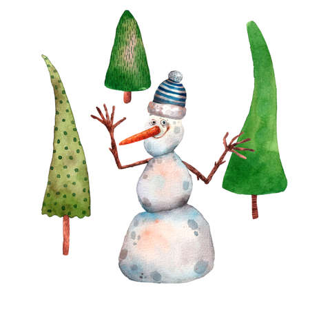 Watercolor christmass card. Cute snowman. Cute hand drawn style of illustration. Funny snowman character. Print for chrostmas card.の写真素材
