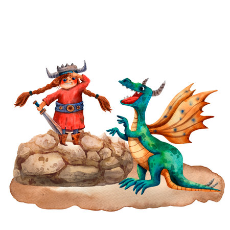 Watercolor illustration of viking girl and dragon. Cartoon portrait of little girl. Viking helmet and sword. Ancient scandinavian arms. Medieval sword and axe. Funny cartoon characters.の写真素材
