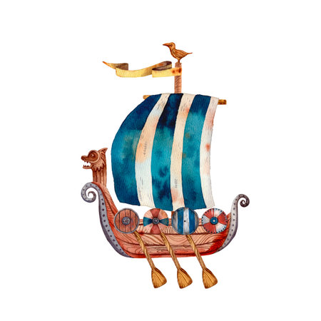 Cute illustration of viking drakkar. Ancient scandinavian boat. Old sea transport. Funny cartoon style of illustration. North longship. Wooden warship. Blue stripes flag. Wooden drakkar.の写真素材