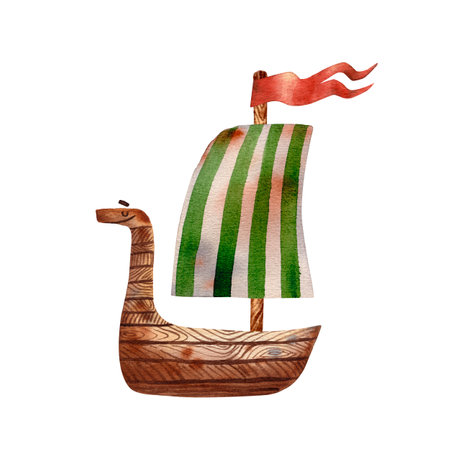 Cute illustration of viking drakkar. Ancient scandinavian boat. Old sea transport. Funny cartoon style of illustration. North longship. Wooden warship. Green stripes flag. Wooden drakkar.の写真素材