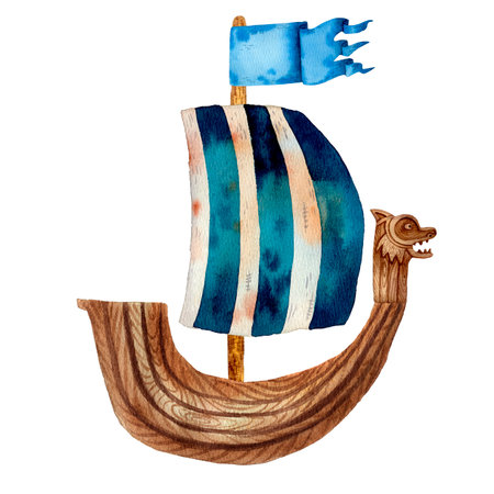 Cute illustration of viking drakkar. Ancient scandinavian boat. Old sea transport. Funny cartoon style of illustration. North longship. Wooden warship. Blue stripes flag. Wooden drakkar.の写真素材