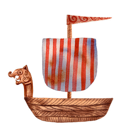 Cute illustration of viking drakkar. Ancient scandinavian boat. Old sea transport. Funny cartoon style of illustration. North longship. Wooden warship. Red stripes flag. Wooden drakkar.の写真素材