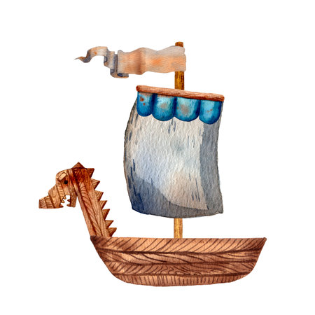 Cute illustration of viking drakkar. Ancient scandinavian boat. Old sea transport. Funny cartoon style of illustration. North longship. Wooden warship. Blue stripes flag. Wooden drakkar.の写真素材