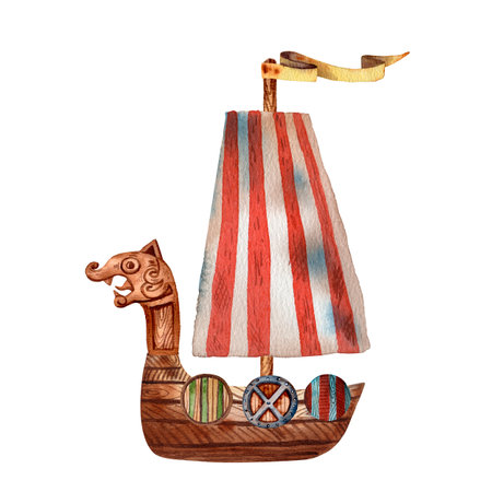 Cute illustration of viking drakkar. Ancient scandinavian boat. Old sea transport. Funny cartoon style of illustration. North longship. Wooden warship. Red stripes flag. Wooden drakkar.の写真素材