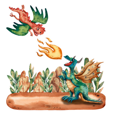 Cute illustration of viking dragons with fire. Old scandinavian myths. Green fairy tale reptile. Viking party invitation. Ancient scandinavian traditional items. Illustrations for card and print.の写真素材