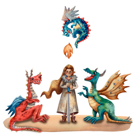 Cartoon illustration of cute viking girl with dragons. Portrait of funny child. Ancient dragons. Cute reptiles. Helmet and sword. Ancient scandinavian girl. Cartoon character.の写真素材