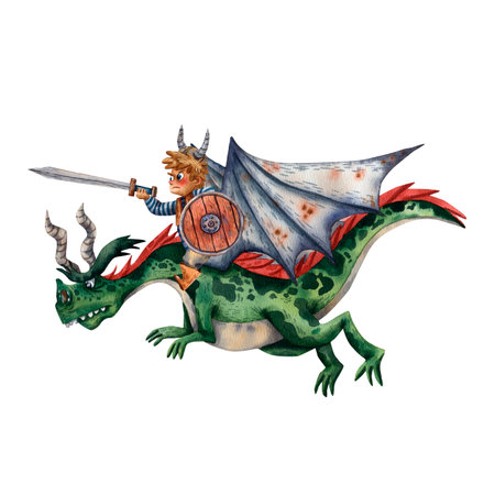 Cute illustration of viking dragons with fire. Old scandinavian myths. Green fairy tale reptile. Viking party invitation. Ancient scandinavian traditional items. Illustrations for card and print.の写真素材