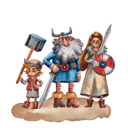 Cartoon illustration of viking family. Portrait of old man, girl and boy. Parenthood card. Ancient scandinavian family. Cute cartoon characters. Medieval viking people. Grandfather and grandchilldren.の写真素材