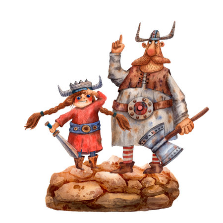 Cartoon illustration of viking family. Portrait of big man and little girl. Gray cloth. Ancient scandinavian arms. Cute cartoon characters. Medieval sword and axe. Father and daughter.の写真素材