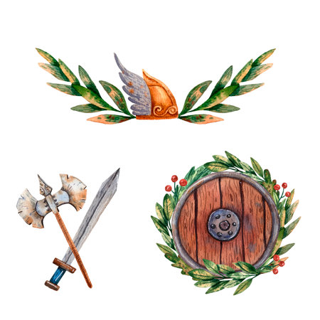 Viking arms set. Cute cartoon style of art. Viking helmets, shield and paper. Fairy tale floral wreath. Viking party decoration. Ancient scandinavian traditional items. Illustrations for cards.の写真素材