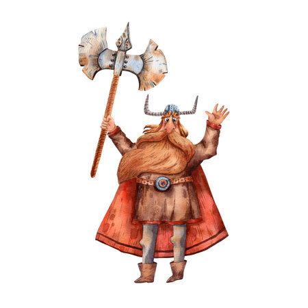 Cartoon illustration of funny viking. Portrait of big man. Big beard and viking helmet. Ancient scandinavian man. Cute cartoon character. Medieval viking. Traditional man portrait.の写真素材