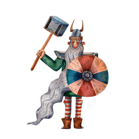 Cartoon illustration of angry viking. Portrait of big man. Blue cloth. Ancient scandinavian man. Cute cartoon character. Medieval viking. Traditional man portrait.の写真素材