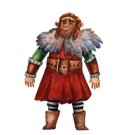 Cartoon illustration of funny viking. Portrait of big man. Old cloth, beard and helmet. Ancient scandinavian man. Cute cartoon character. Medirval viking. Traditional man portrait.の写真素材