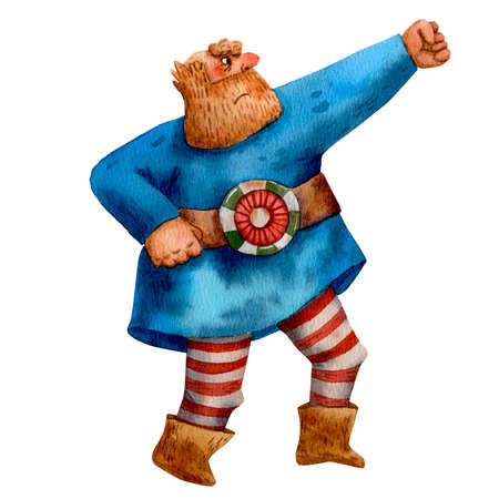 Cartoon illustration of funny viking. Portrait of big man. Old cloth, beard and helmet. Ancient scandinavian man. Cute cartoon character. Medirval viking. Traditional man portrait.の写真素材