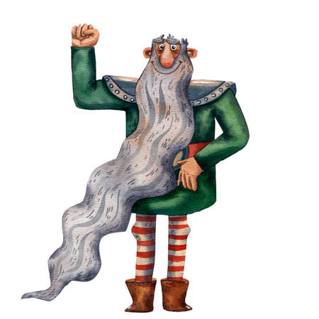 Cartoon illustration of funny viking. Portrait of big man. Old cloth, beard and helmet. Ancient scandinavian man. Cute cartoon character. Medirval viking. Traditional man portrait.の写真素材